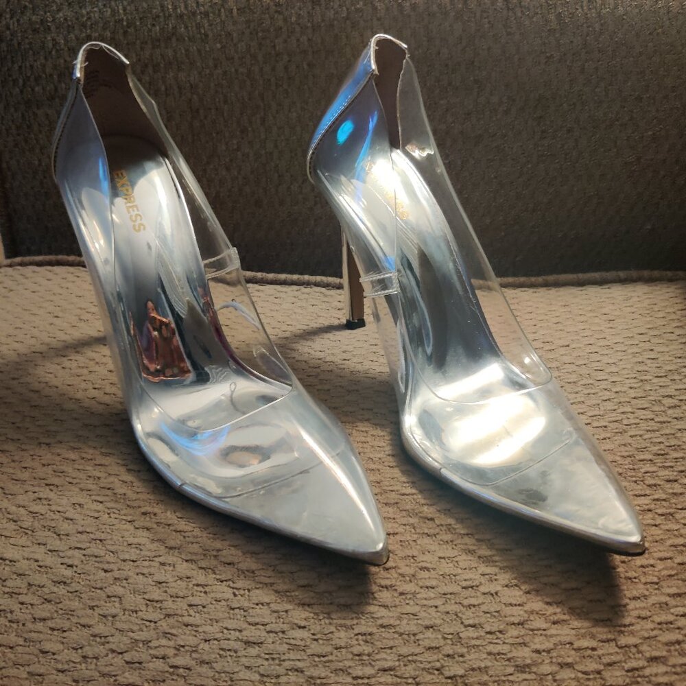Express Heels Silver Clear Stiletto Pointed Toe Size 8